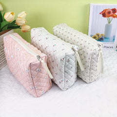 Floral Print Quilted Cosmetic Bag Storage Clutch Organizer Pouch