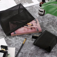 3Pcs Mesh Cosmetic Bag Portable Travel Storage Zipper Bag