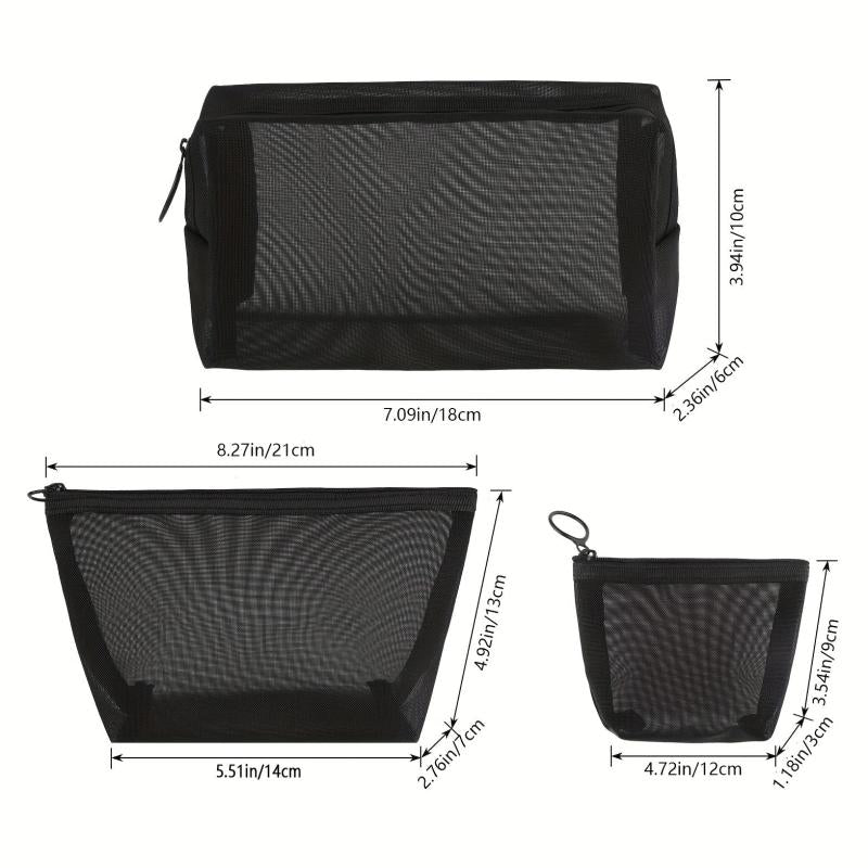 3Pcs Mesh Cosmetic Bag Portable Travel Storage Zipper Bag