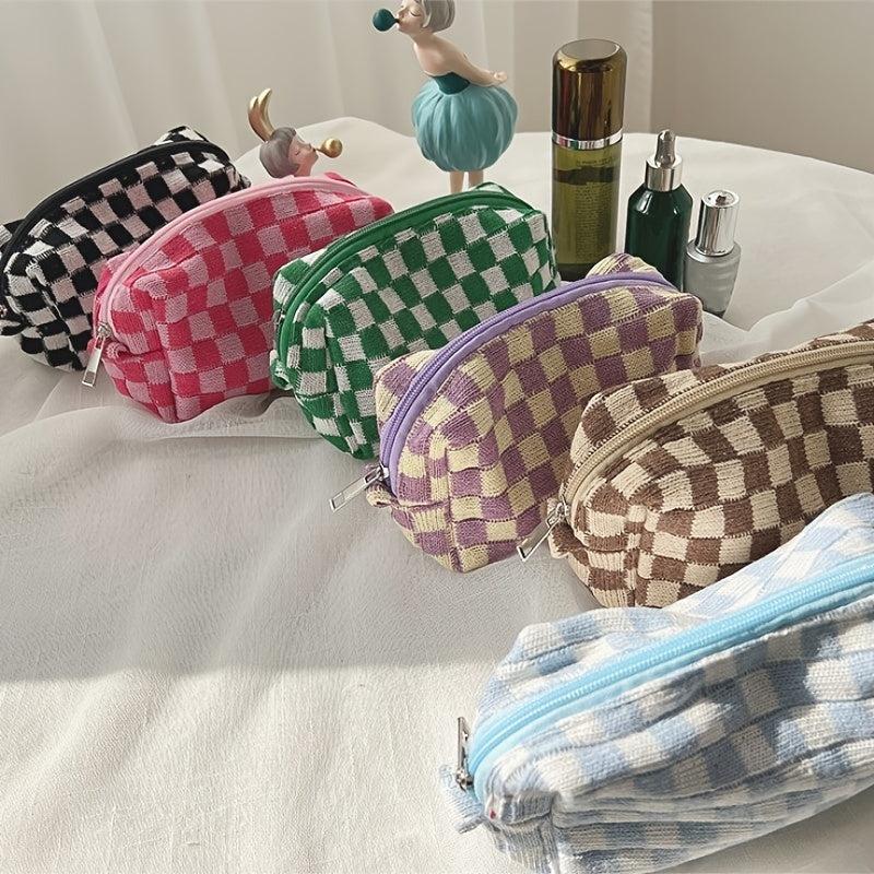 Checkered Pattern Zipper Makeup Bag Travel Cosmetic Bag