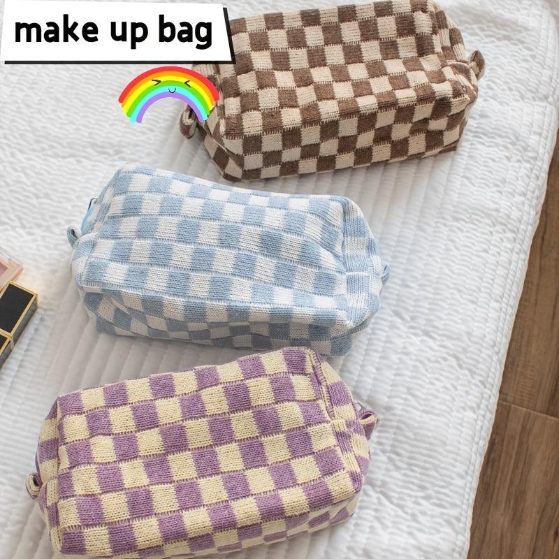 Checkered Pattern Zipper Makeup Bag Travel Cosmetic Bag