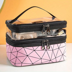 Geometric Pattern Makeup Bag Double Layer Cosmetic Handbag