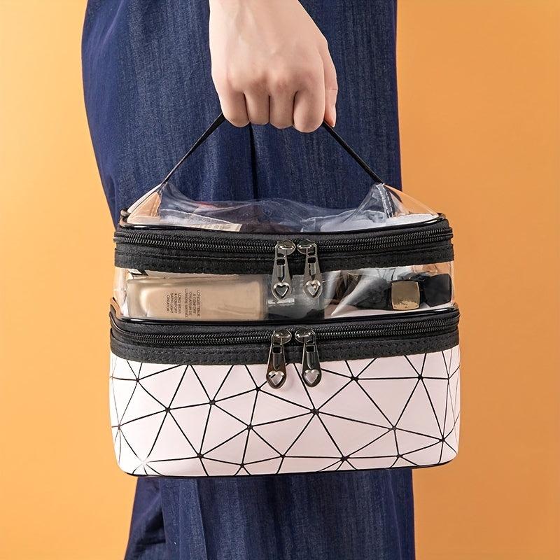 Geometric Pattern Makeup Bag Double Layer Cosmetic Handbag