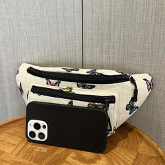 Butterfly Pattern Canvas Waist Bag Zipper Crossbody Bag
