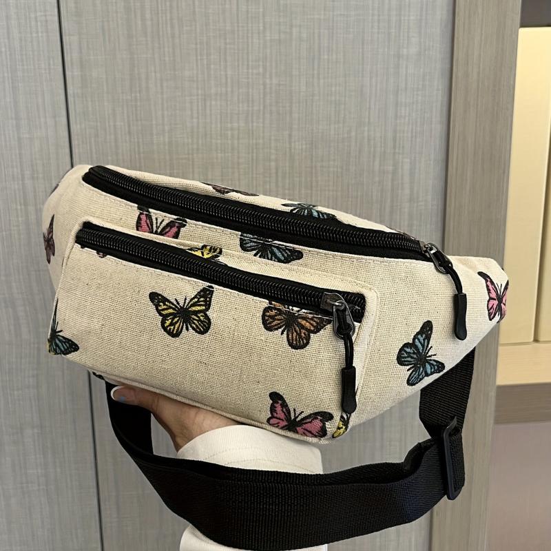 Butterfly Pattern Canvas Waist Bag Zipper Crossbody Bag