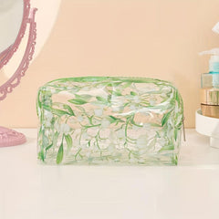 Clear Flower Print Cosmetic Bag Portable Travel Toiletry Bag