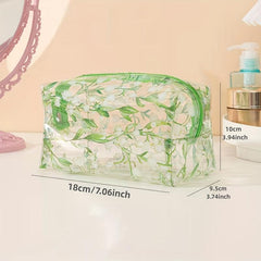Clear Flower Print Cosmetic Bag Portable Travel Toiletry Bag