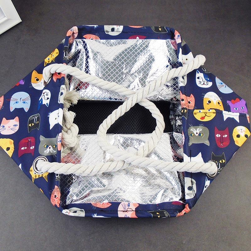 Cat Print Mesh Bottom Beach Bag Large Capacity Storage Bag
