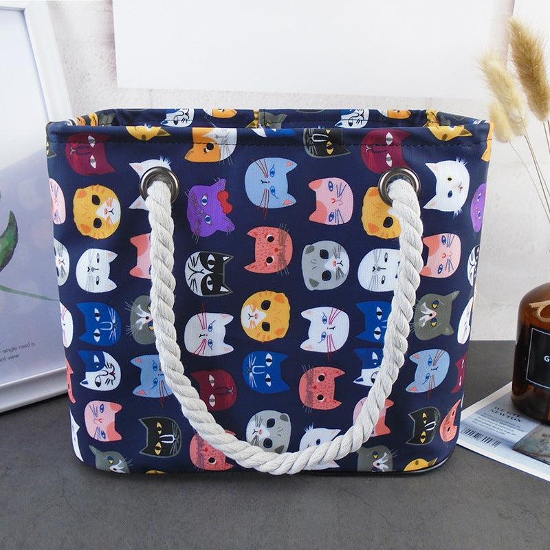Cat Print Mesh Bottom Beach Bag Large Capacity Storage Bag
