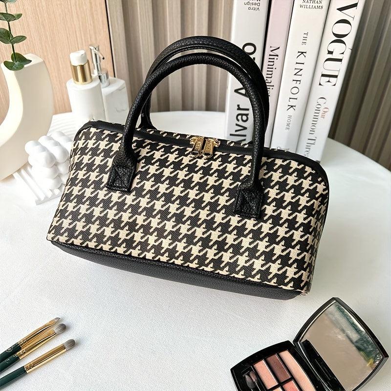 Houndstooth Pattern Zipper Satchel Bag Makeup Handbag
