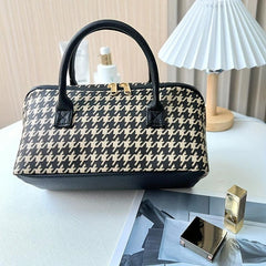 Houndstooth Pattern Zipper Satchel Bag Makeup Handbag
