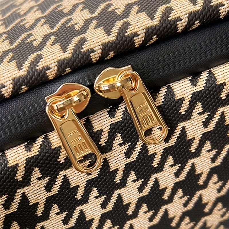 Houndstooth Pattern Zipper Satchel Bag Makeup Handbag