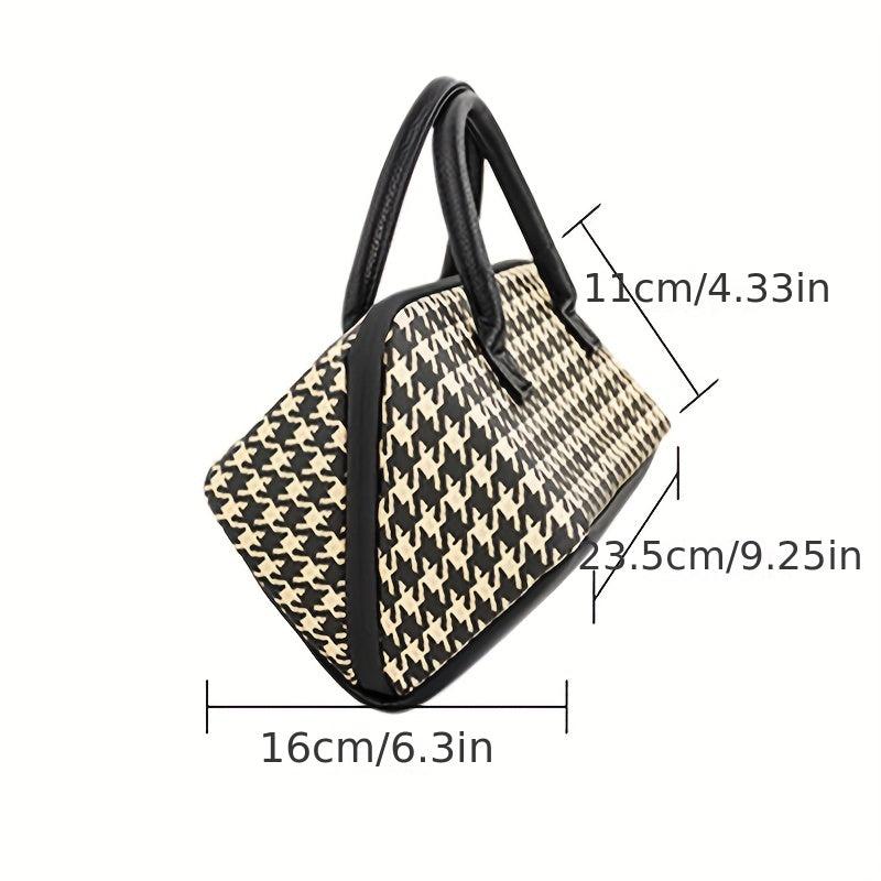 Houndstooth Pattern Zipper Satchel Bag Makeup Handbag