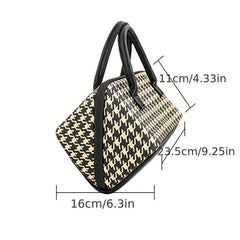 Houndstooth Pattern Zipper Satchel Bag Makeup Handbag