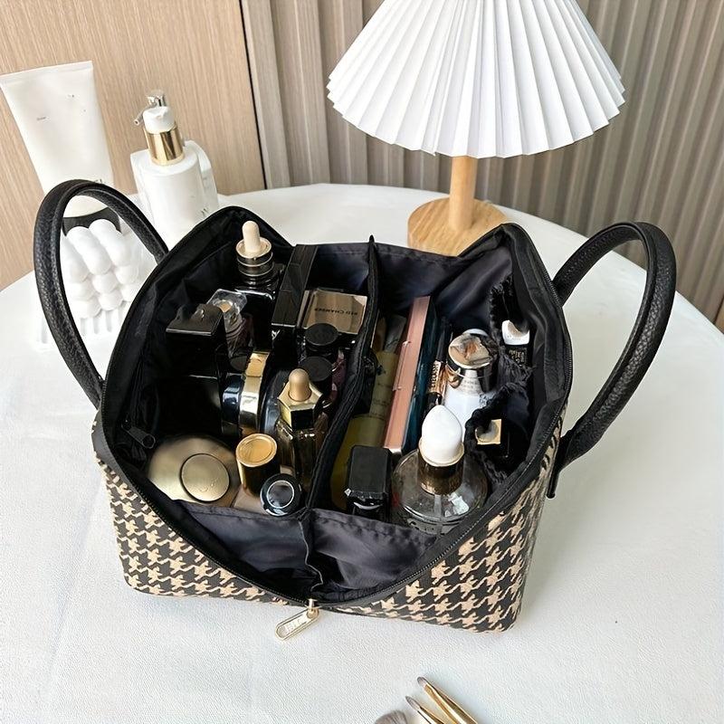 Houndstooth Pattern Zipper Satchel Bag Makeup Handbag