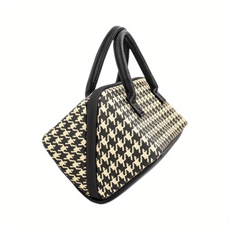 Houndstooth Pattern Zipper Satchel Bag Makeup Handbag