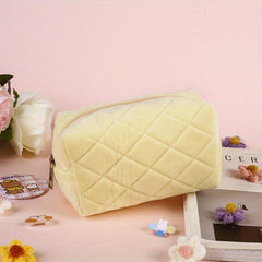 Argyle Quilted Cosmetic Bag Faux Fur Storage - Travel Handbags