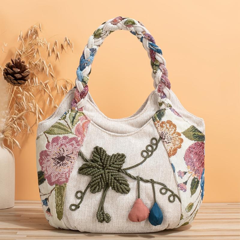 Vintage Floral Embroidered Tote Bag Retro Ethnic Style Hobo Bag