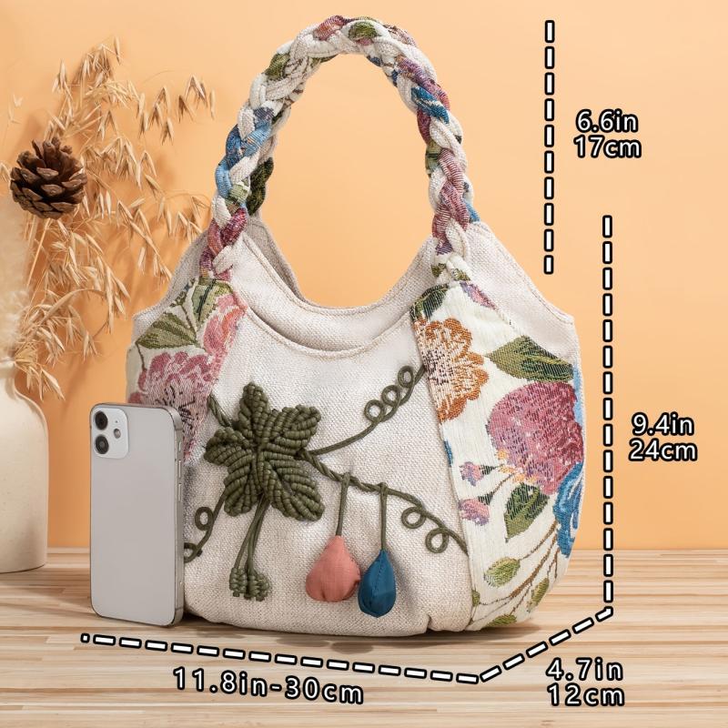 Vintage Floral Embroidered Tote Bag Retro Ethnic Style Hobo Bag