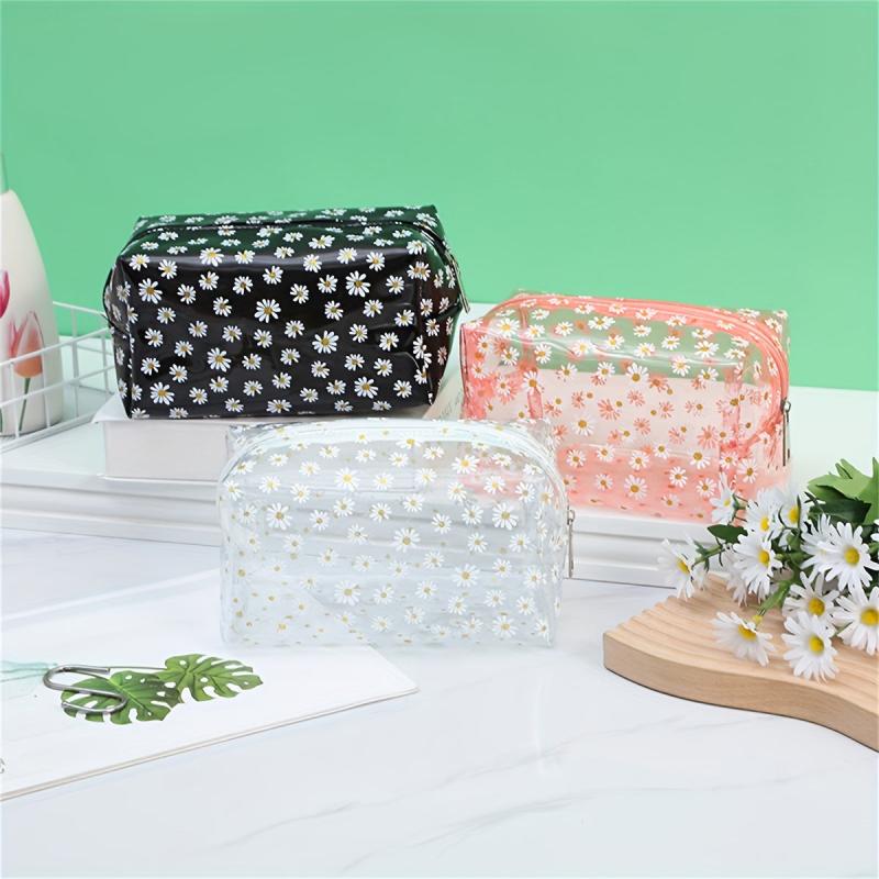 Transparent Flower Print Cosmetic Bag PVC Travel Toiletry Bag