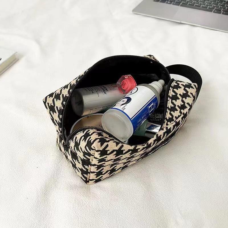 Houndstooth Pattern Cosmetic Bag Portable Canvas Makeup Brush Bag