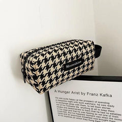 Houndstooth Pattern Cosmetic Bag Portable Canvas Makeup Brush Bag