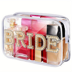 Bride Transparent Makeup Bag with Faux Pearl Embroidery