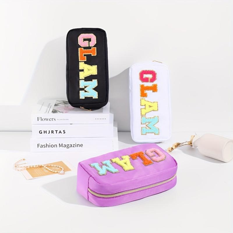 Plush Letter Print Makeup Pouch Zipper Portable Cosmetic Bag