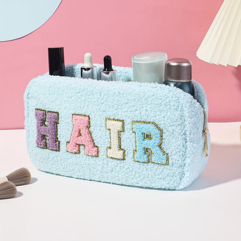 Chenille Letter Patch Cosmetic Bag Plush Zipper Cosmetic Pouch