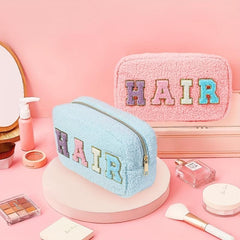 Chenille Letter Patch Cosmetic Bag Plush Zipper Cosmetic Pouch