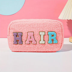 Chenille Letter Patch Cosmetic Bag Plush Zipper Cosmetic Pouch
