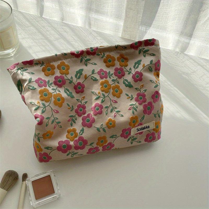 Vintage Floral Pattern Cosmetic Bag Fabric Storage Pouch Women's