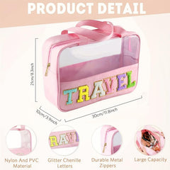 Chenille Letter Patch Travel Cosmetic Bag Waterproof Makeup Pouch