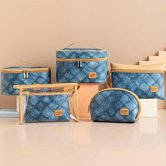 Vintage Denim Pattern Makeup Bag Toiletry Travel Pouch