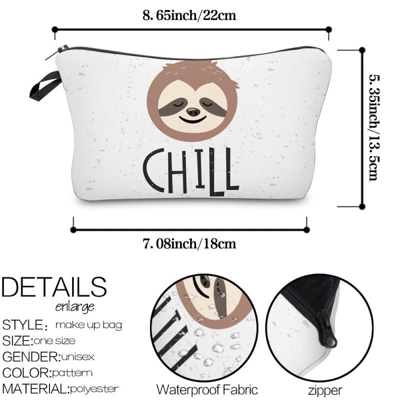 Cartoon Sloth Pattern Makeup Pouch Lightweight Carry On Bag