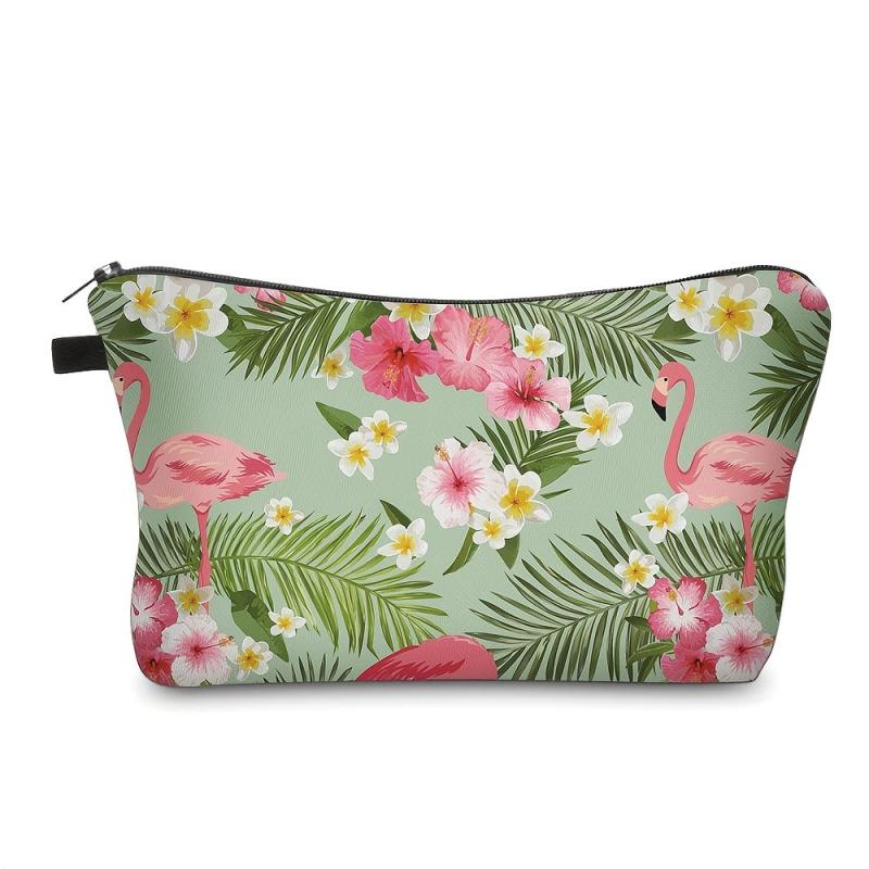 Flamingo & Flower Print Zipper Pouch Lightweight Makeup Bag