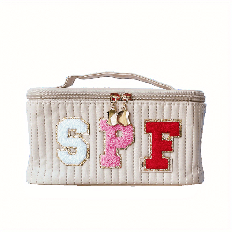 Chenille Letter Patch Cosmetic Bag Quilted Toiletry Bag