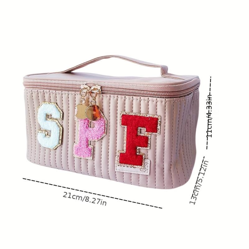 Chenille Letter Patch Cosmetic Bag Quilted Toiletry Bag