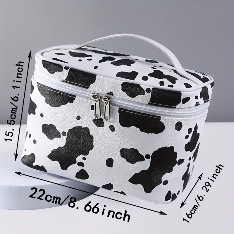 Cow Print Makeup Bag Portable Travel Toiletry Bag Faux Leather Storage Handbag