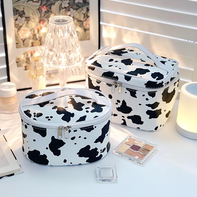 Cow Print Makeup Bag Portable Travel Toiletry Bag Faux Leather Storage Handbag