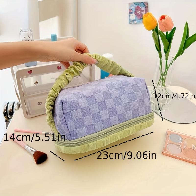 Plaid Pattern Makeup Bag Colorblock Zipper Portable Cosmetic Travel Bag