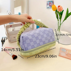 Plaid Pattern Makeup Bag Colorblock Zipper Portable Cosmetic Travel Bag