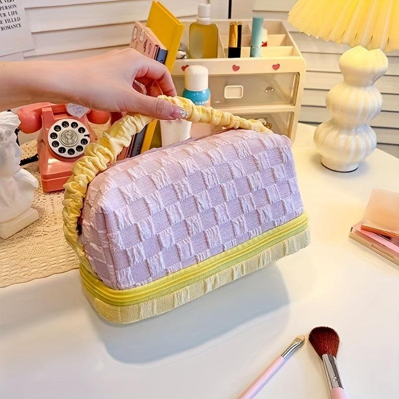 Plaid Pattern Makeup Bag Colorblock Zipper Portable Cosmetic Travel Bag