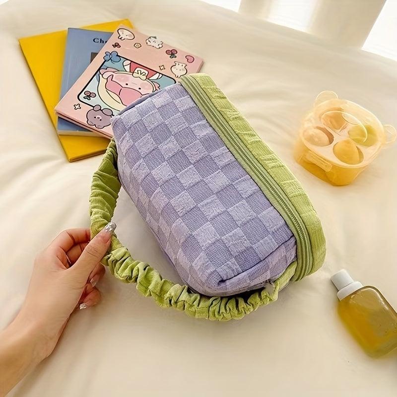 Plaid Pattern Makeup Bag Colorblock Zipper Portable Cosmetic Travel Bag