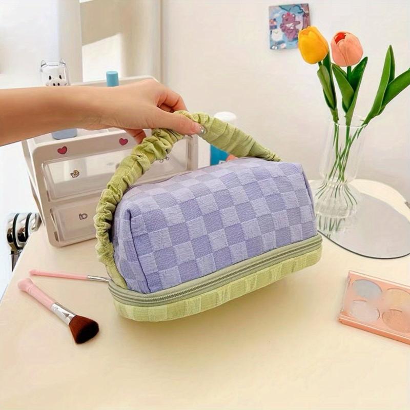 Plaid Pattern Makeup Bag Colorblock Zipper Portable Cosmetic Travel Bag