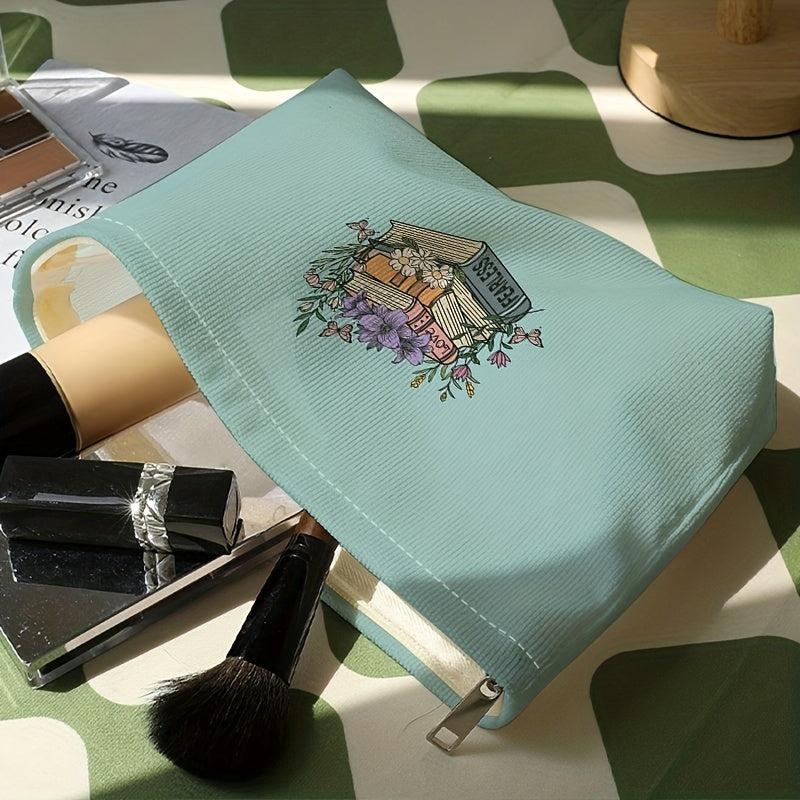 Flower Books Cosmetic Bag Corduroy Makeup Storage Portable Zipper Travel Pouch