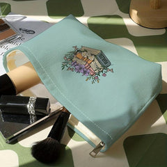 Flower Books Cosmetic Bag Corduroy Makeup Storage Portable Zipper Travel Pouch