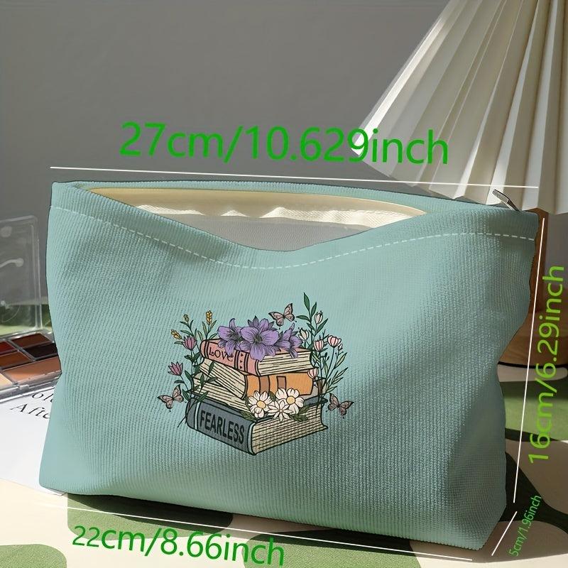 Flower Books Cosmetic Bag Corduroy Makeup Storage Portable Zipper Travel Pouch