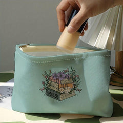 Flower Books Cosmetic Bag Corduroy Makeup Storage Portable Zipper Travel Pouch