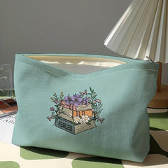 Flower Books Cosmetic Bag Corduroy Makeup Storage Portable Zipper Travel Pouch